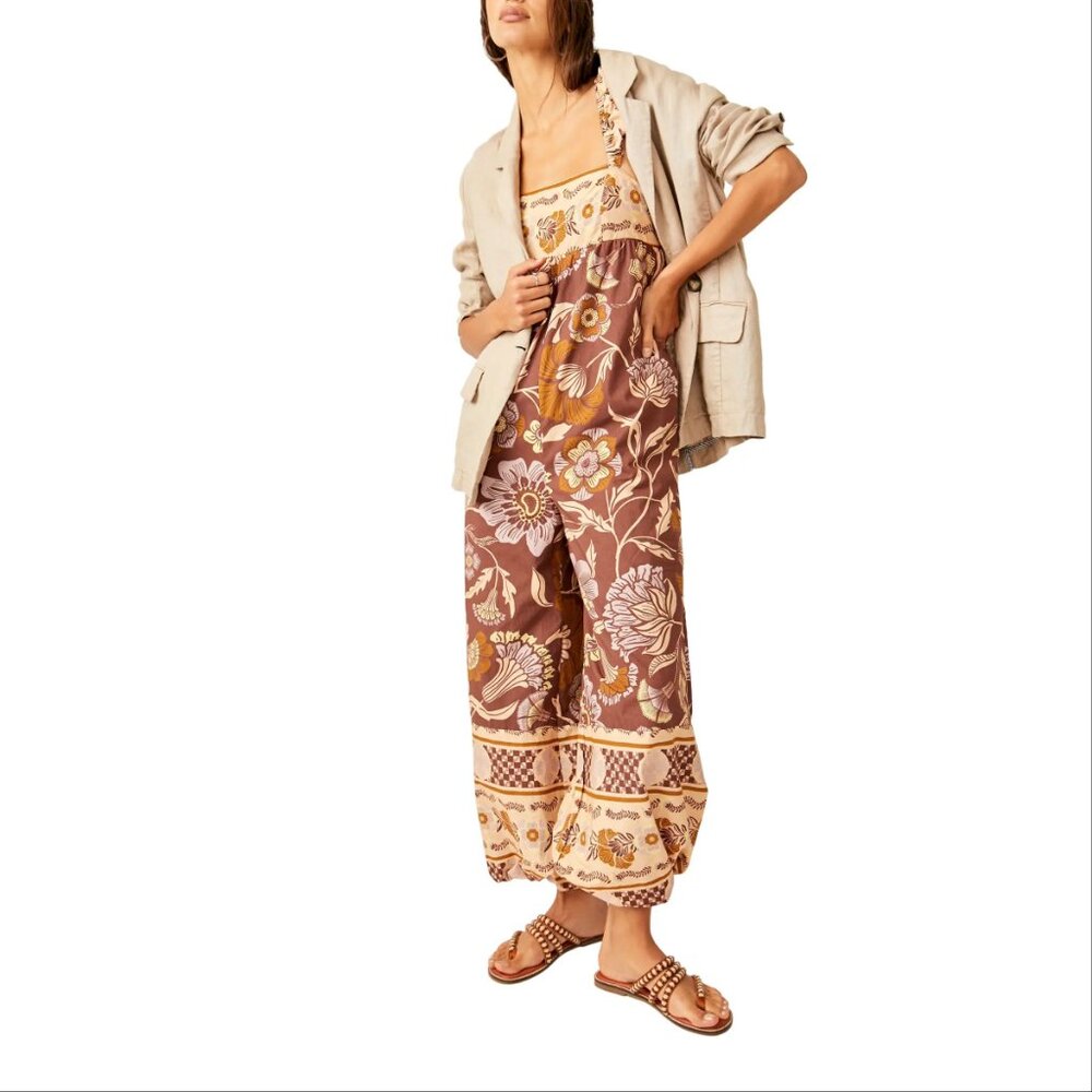 Free People Bali Albright Floral Cotton JUMPSUIT Size M Brown Coffee Combo NEW - Picture 2 of 13